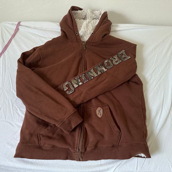 Browning Hoodie mens Large Brown Full zip Outdoor Hunting Camouflage Fleece - Picture 1 of 7